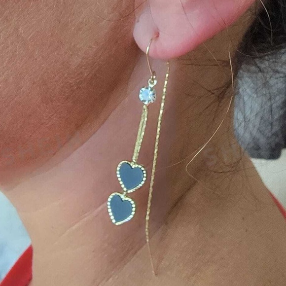 Gold Tone Rhinestone Heart Vday Valentine's Threader Earrings - Picture 5 of 6